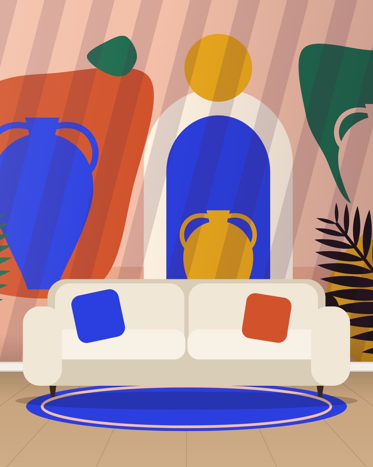 Siesta mural across a living room wall behind a cream sofa